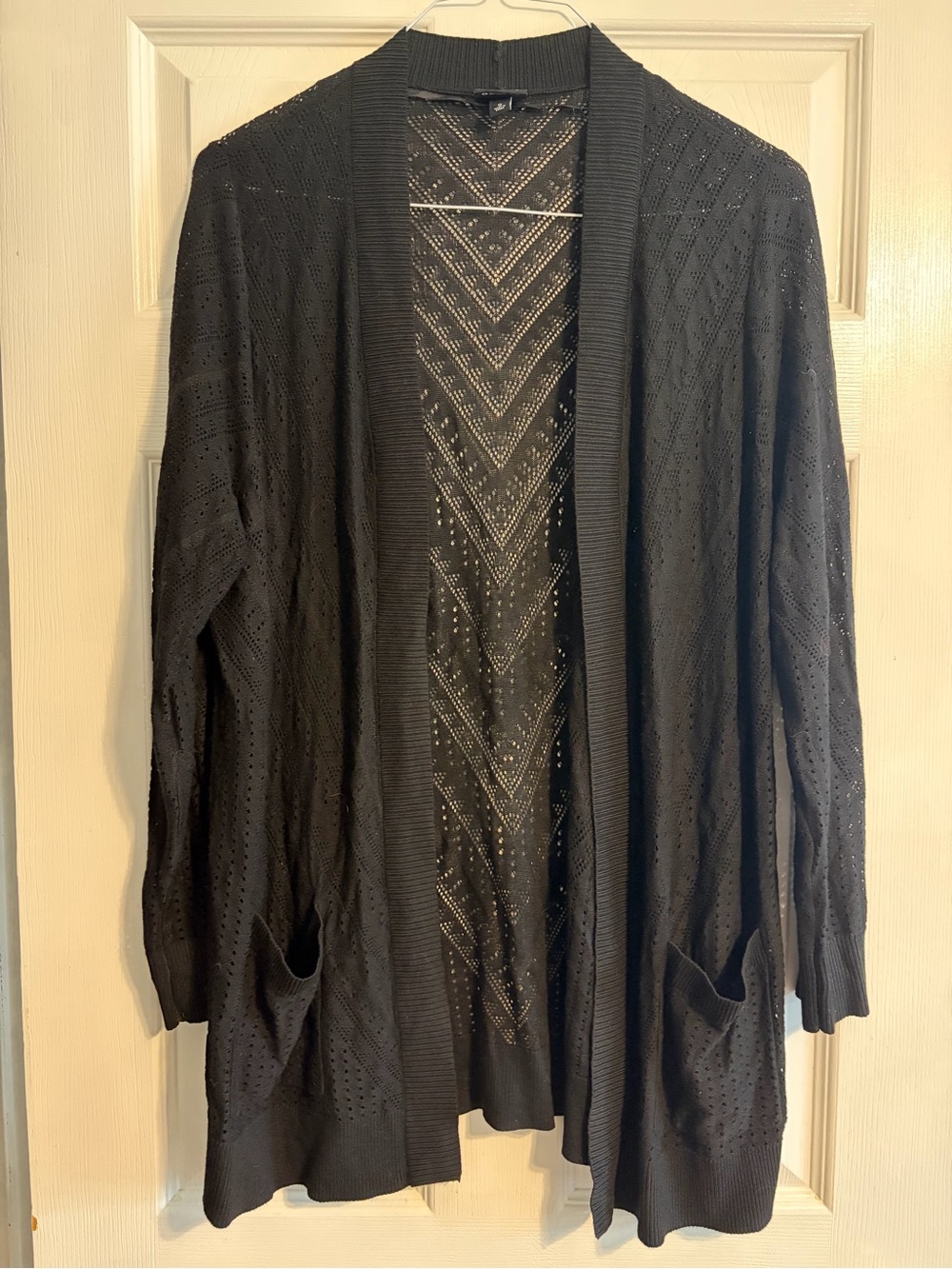 Torrid Black Pointelle Open Front Cardigan Sweater Size 0 L/XL Pockets Crochet